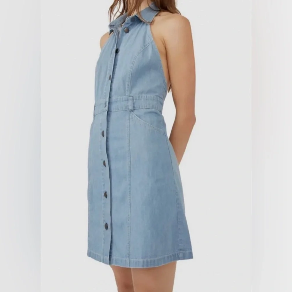Free People Women's Blue Sami Denim Collared Halter Mini Dress Size S - Picture 6 of 6